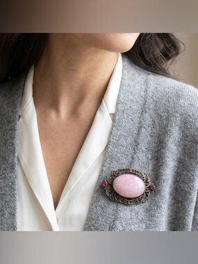 Vintage Pink Stone Filigree Brooch Oval Antiqued Silver Floral Pin Jewelry
